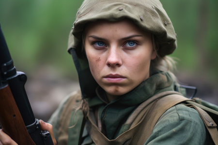 shot of a young female rebel soldier holding her gun and looking upset, created with generative aiの素材