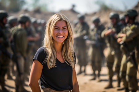 a young woman smiling while standing in front of a group of rebels, created with generative aiの素材