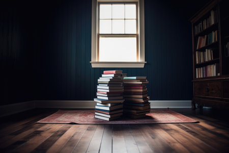 shot of an empty space in a home with books stacked on top of each other, created with generative aiの素材