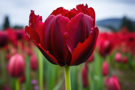 closeup of a vibrant red tulip growing in a flower field, created with generative aiの素材