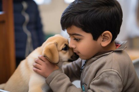 a young boy interacting with a puppy at an education center, created with generative aiの素材