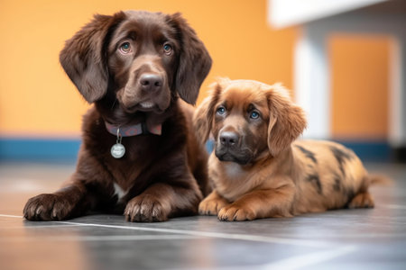 shot of an adorable dog and her puppy sitting on the floor together at a daycare, created with generative aiの素材
