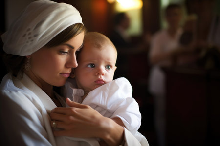 shot of a mother holding her infant boy at christening, created with generative aiの素材