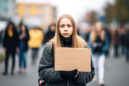 shot of a young woman holding up a sign while protesting outside, created with generative aiの素材