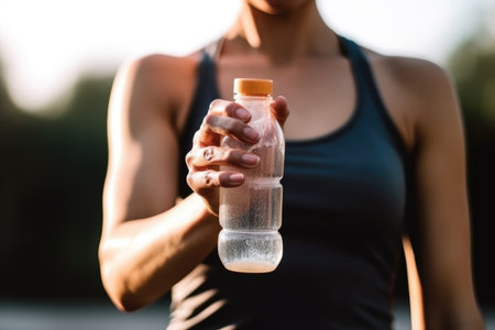 cropped shot of an unrecognizable woman holding up a plastic bottle with the cap on, created with generative aiの素材