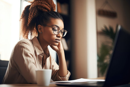 shot of a young woman using her laptop to learn online at home, created with generative aiの素材