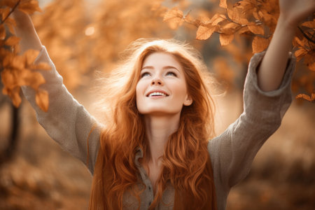 a beautiful young woman with her hands in the air, created with generative aiの素材