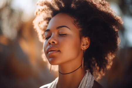 shot of a beautiful young woman meditating, created with generative aiの素材