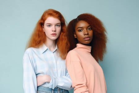 two confident friends standing side by side, created with generative aiの素材