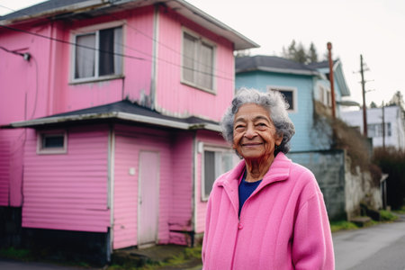 woman with a pink sweater standing in front of her house, created with generative aiの素材