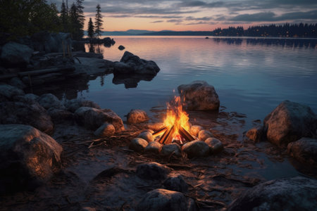burnt out campfire with scattered rocks and a lake view, created with generative aiの素材