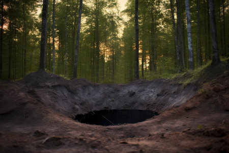 scorched earth around a fire pit in a forest clearing, created with generative aiの素材