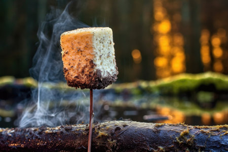 burnt marshmallow on a stick near extinguished campfire, created with generative aiの素材