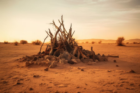 scorched earth and remnants of a campfire in desert, created with generative aiの素材