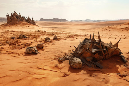 scorched earth and remnants of a campfire in desert, created with generative aiの素材