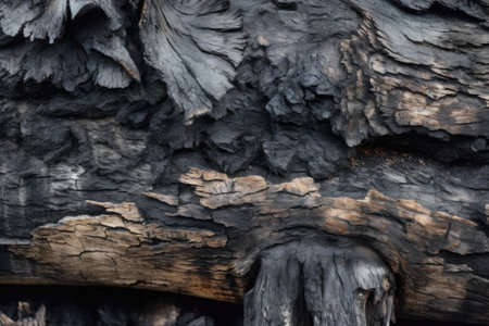 close-up of charred wood and ash remains, created with generative aiの素材