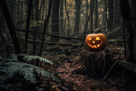 a spooky jack-o-lantern in a dark forest, created with generative aiの素材