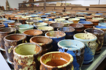 glazed pottery pieces cooling after kiln firing, created with generative aiの素材