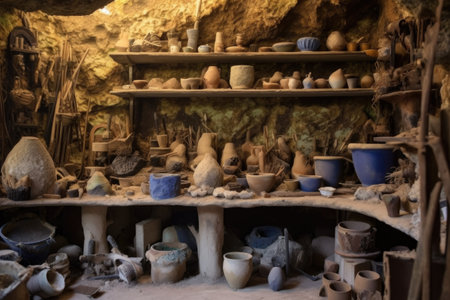 ceramic artists tools next to an open kiln, created with generative aiの素材