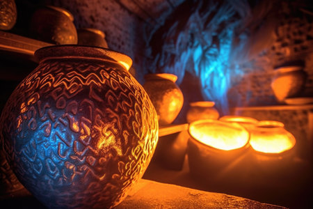 close-up of glowing pottery inside a hot kiln, created with generative aiの素材