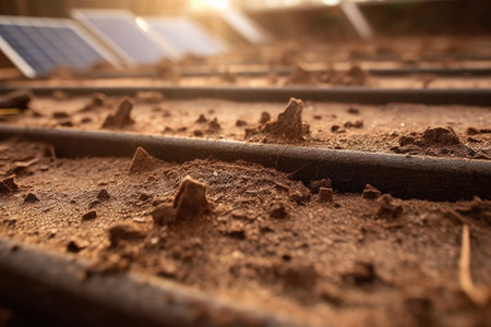 close-up of solar panels covered in dust and dirt, created with generative aiの素材