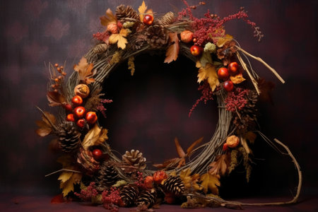 autumn wreath with berries, pinecones, and twigs, created with generative aiの素材
