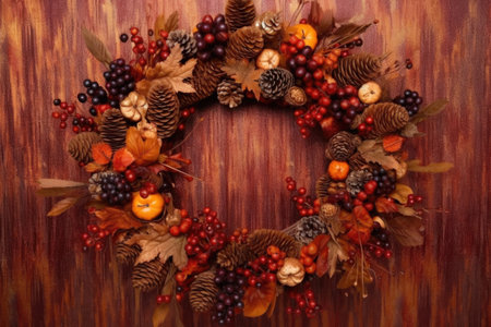 autumn wreath with acorns, pinecones, and berries, created with generative aiの素材