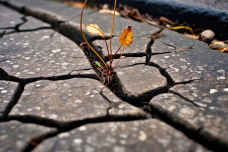 macro shot of dandelion roots cracking pavement, created with generative aiの素材