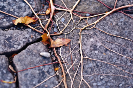 macro shot of dandelion roots spreading under the pavement, created with generative aiの素材