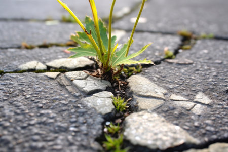 close-up of dandelion seedlings breaking through pavement cracks, created with generative aiの素材