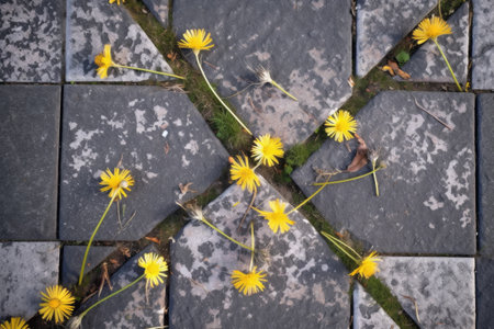 cracked pavement with multiple dandelions growing in pattern, created with generative aiの素材