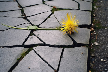 dandelion growth pushing apart two cracked pavement pieces, created with generative aiの素材