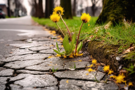 dandelions journey from pavement crack to bloom, created with generative aiの素材