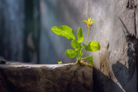 sunlit dandelion thriving in a cement crevice, created with generative aiの素材