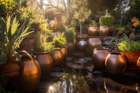 sunrays reflecting on wet clay pots outdoors, created with generative aiの素材