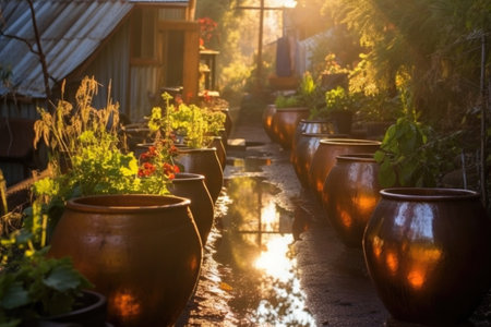 sunrays reflecting on wet clay pots outdoors, created with generative aiの素材