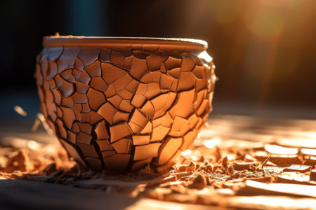 sunlit close-up of cracked clay pot during drying, created with generative aiの素材