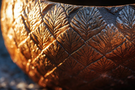 close-up of sunlit clay pot with textured surface, created with generative aiの素材