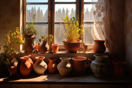 sunlit clay pots on a windowsill, created with generative aiの素材