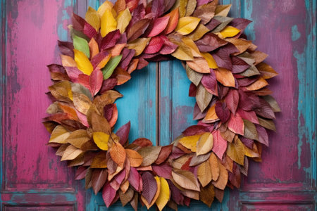 wreath of colorful autumn leaves on a vintage door, created with generative aiの素材