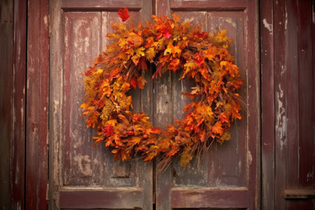 fall wreath on a vintage door with autumn leaves, created with generative aiの素材