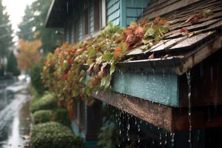 gutter overflowing with rainwater and leaves, created with generative aiの素材