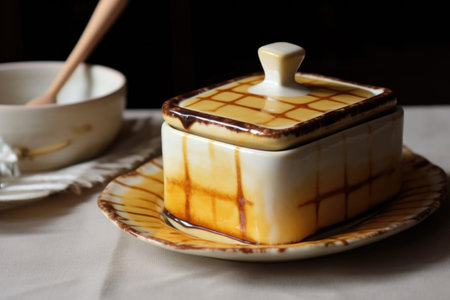 butter in a vintage ceramic dish with lid, created with generative aiの素材