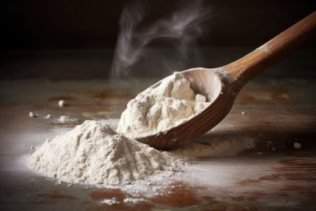flour dust coating an antique wooden spoon, created with generative aiの素材