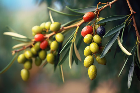 close-up of ripe olives on a tree branch, created with generative aiの素材