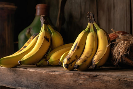 close-up of overripe bananas on a wooden counter, created with generative aiの素材
