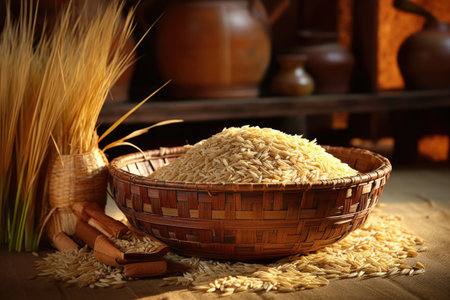 freshly harvested rice grains in a woven basket, created with generative aiの素材