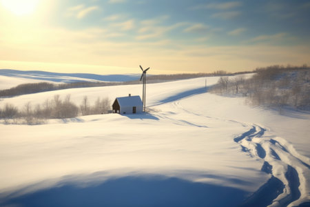 wind turbine shadow on snowy landscape, created with generative aiの素材