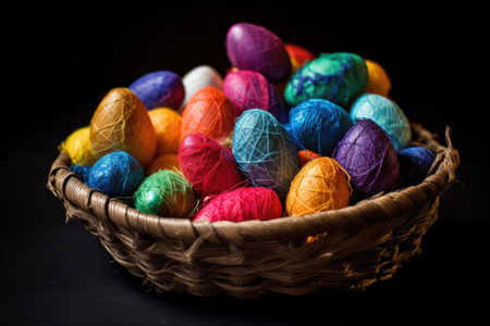 collection of colorful silk cocoons in a basket, created with generative aiの素材