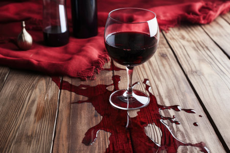 spilled red wine on vintage wooden table, created with generative aiの素材